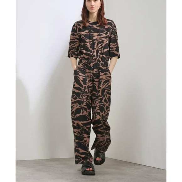 RAEY Camo-Tiger Print Silk Cinched Elastic Waist Wide-Leg Jumpsuit, size L - Picture 1 of 16